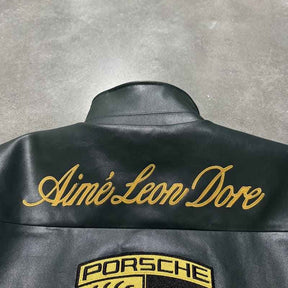 Jaqueta Aimé Leon Dore x Porsche 993 Turbo Racing Green 100% Couro