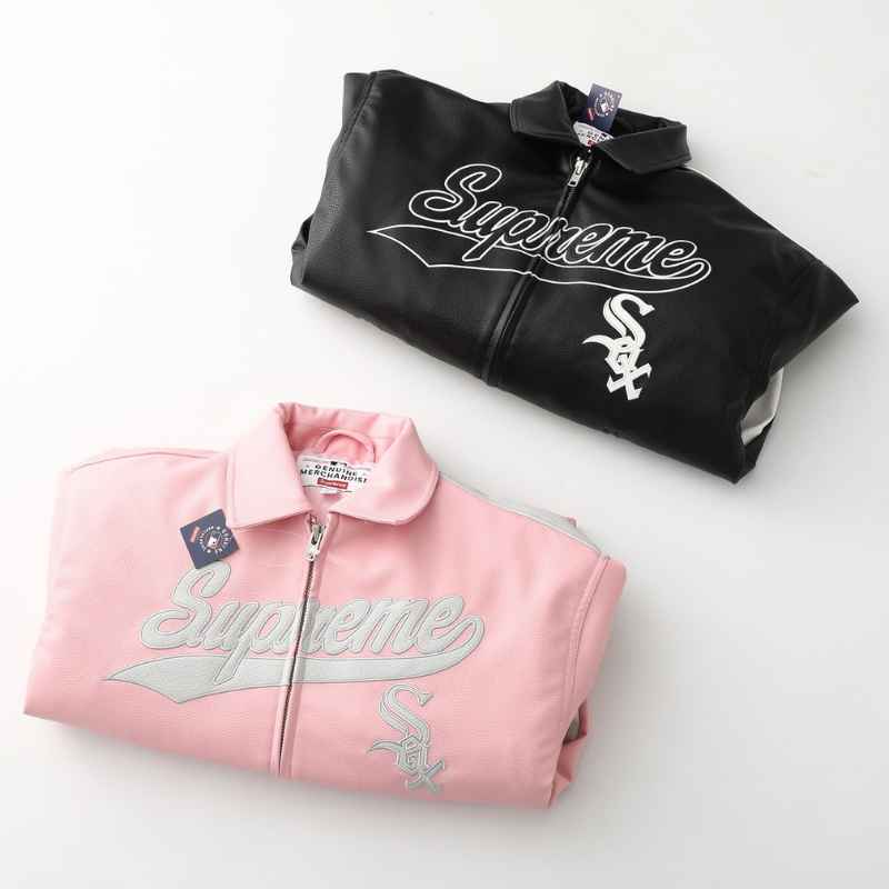 Jaqueta Supreme x Chicago White Sox Couro Varsity Pink