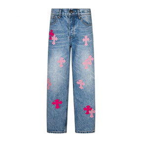 Calça Jeans Chrome Hearts Patches Cross Pink